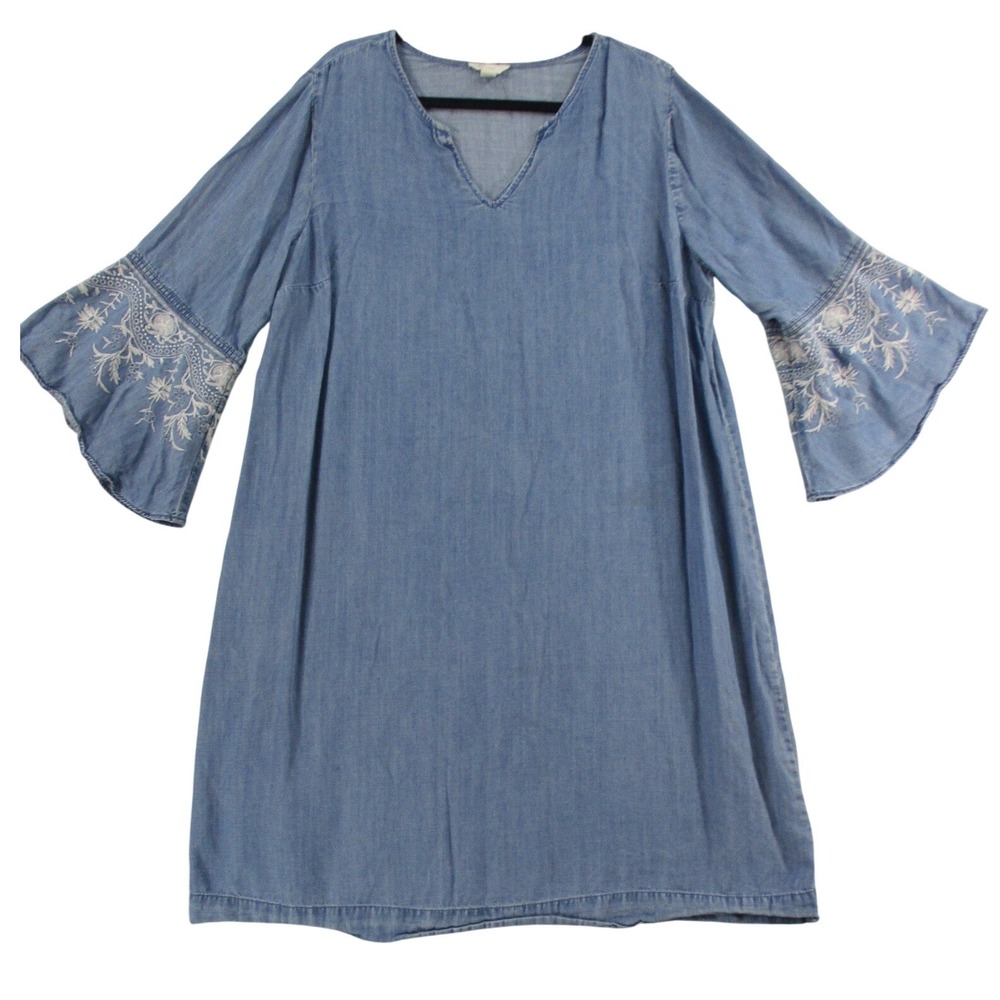 Est. 1946 Women Blue Tencel Embroidered Bell Sleeve Shift Dress Plus 18/20W